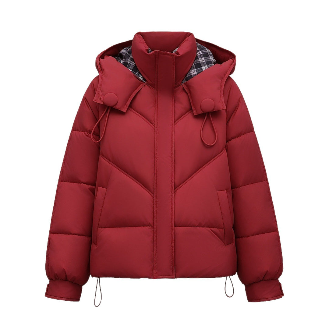 Women's Red Quilted Puffer Coat With Hood And Patchwork Panels