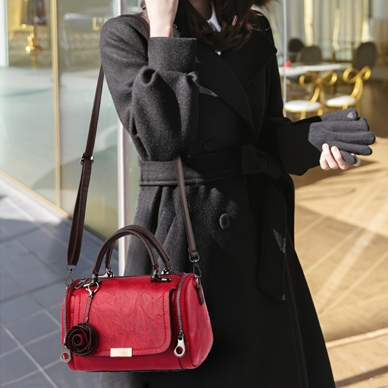 Top Handle Rose Keychain PU Leather Boston Bags - Flossy Mom