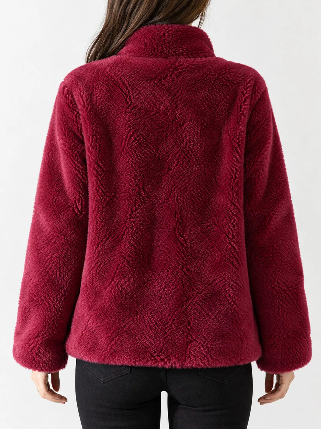 Burgundy faux fur jacket back view with stand collar