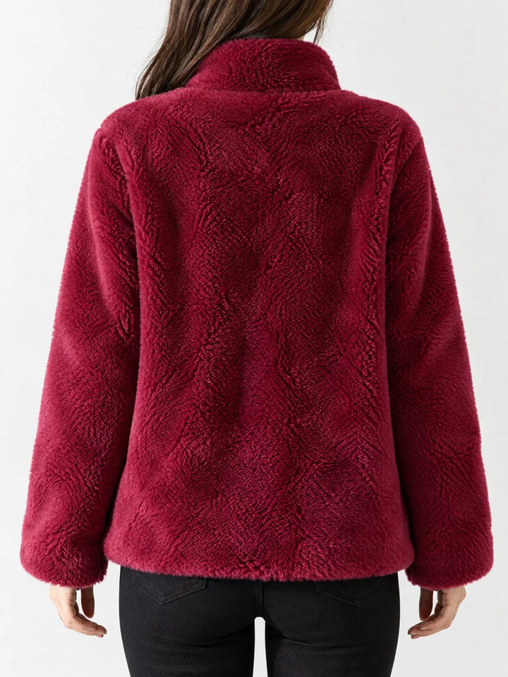 Burgundy faux fur jacket back view with stand collar