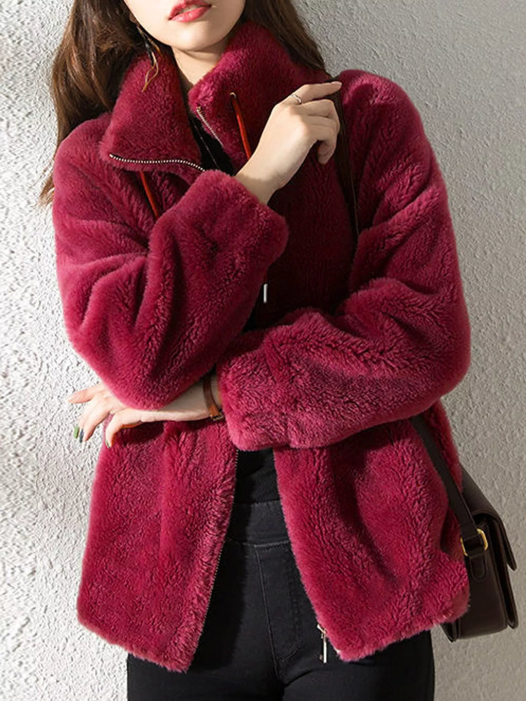 Burgundy faux fur zip jacket with stand collar and hood drawstring