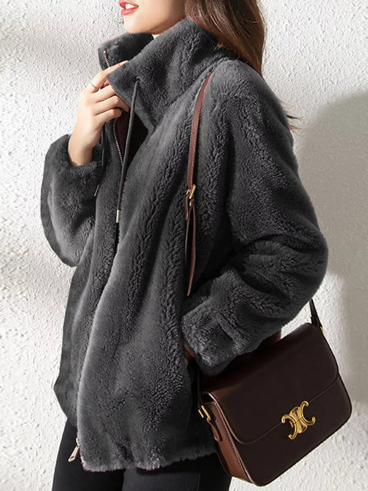 Plus size faux fur zip jacket with stand collar, dark gray, relaxed shoulder fit