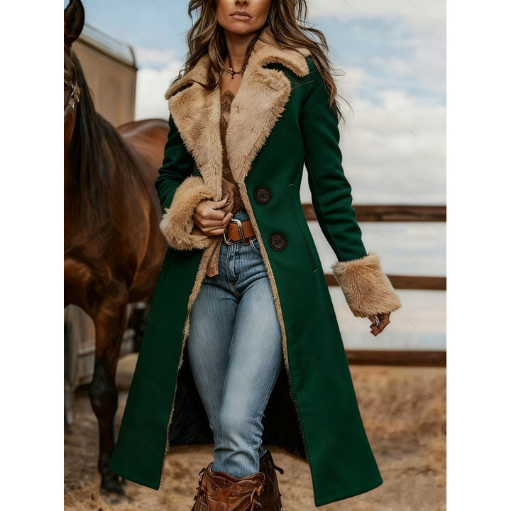Women's Dark Green Longline Western Coat With Tan Plush-Look Collar And Cuffs