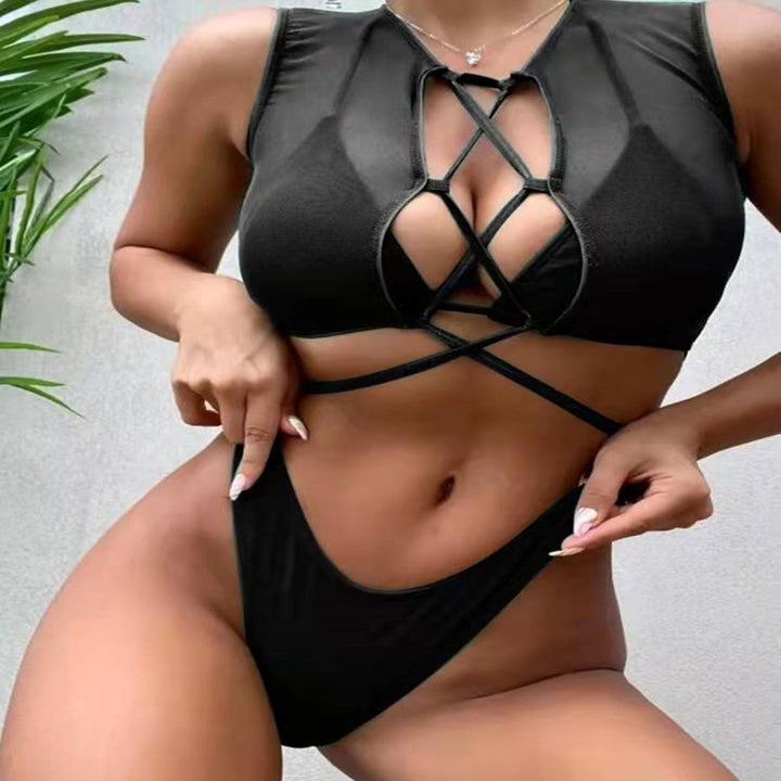 Three Piece See Through Mesh Cut Out Straps Top Bikini Swimsuits - Gen U Us Products - Womens Swimsuits 