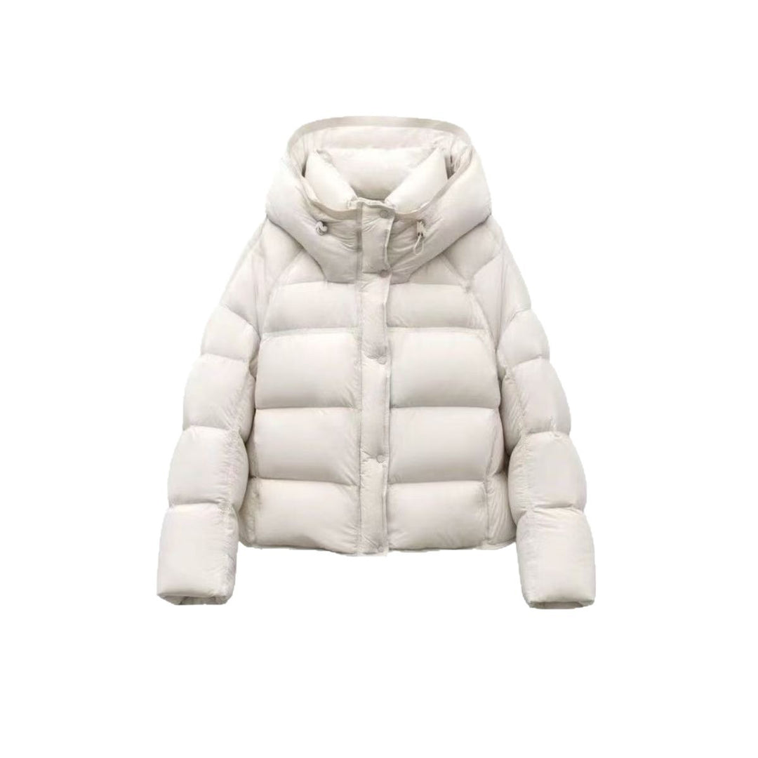 Women's plus size hooded puffer jacket, cream, front zip with quilted padded panels