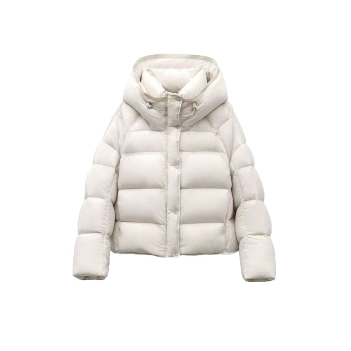 Women's plus size hooded puffer jacket, cream, front zip with quilted padded panels