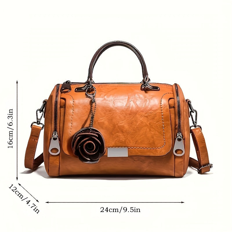 Top Handle Rose Keychain PU Leather Boston Bags - Flossy Mom