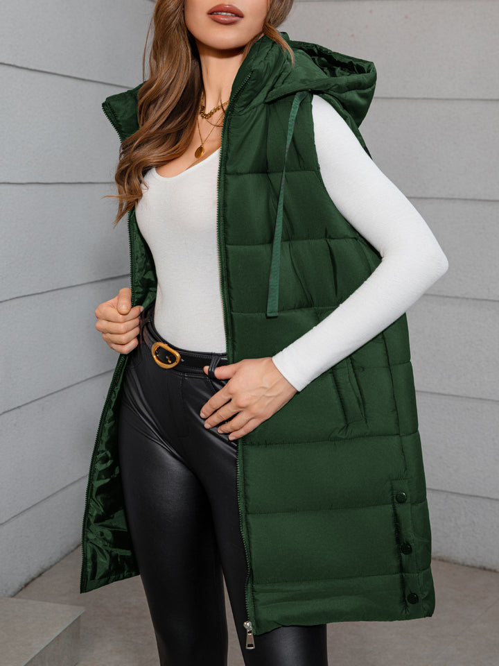 Forest green long hooded puffer vest with quilted design, drawstring hood, and front zipper