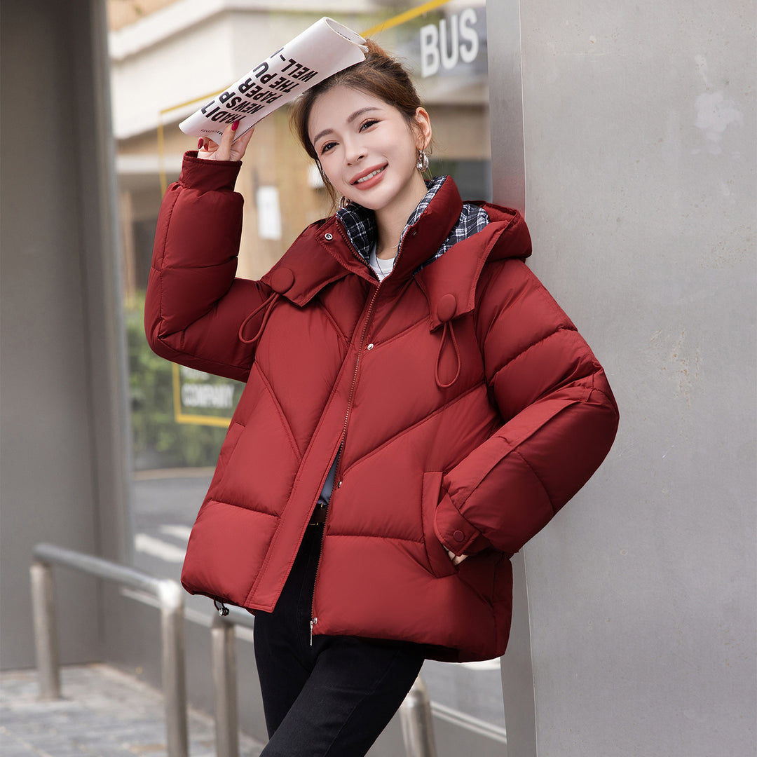 Women's Red Cropped Quilted Puffer Coat With Plaid-Lined Hood
