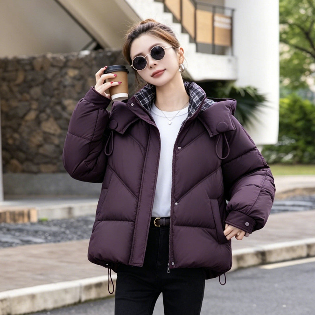 Women's Purple Quilted Puffer Coat With Hood And Plaid Lining
