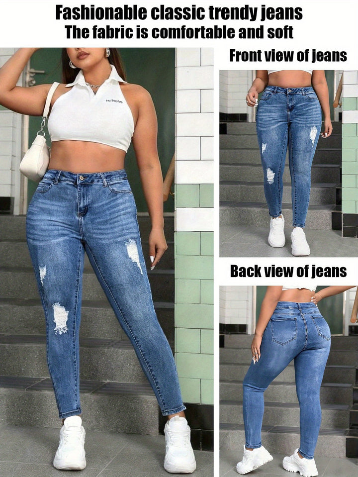 Soft Comfortable High-Stretch Ripped Plus Size Denim Jeans - Flossy Mom