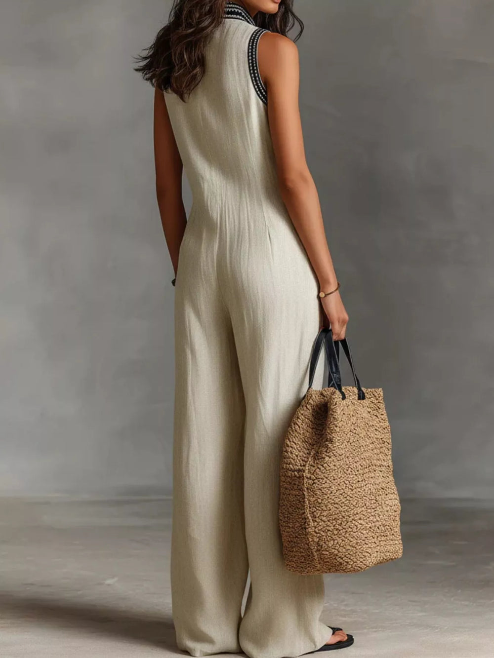 Ivory sleeveless wide-leg jumpsuit, deep V-neck with embroidered trim