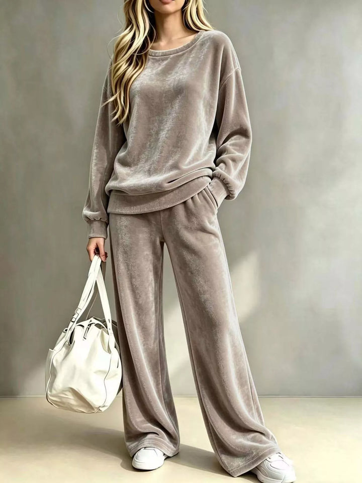 Women's Khaki Velvet Two-Piece Set With Dropped-Shoulder Top And Wide-Leg Pants, Front View