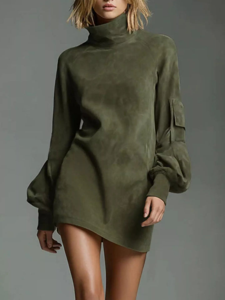 Army green suede mini dress with high turtleneck and lantern sleeves, plus-size