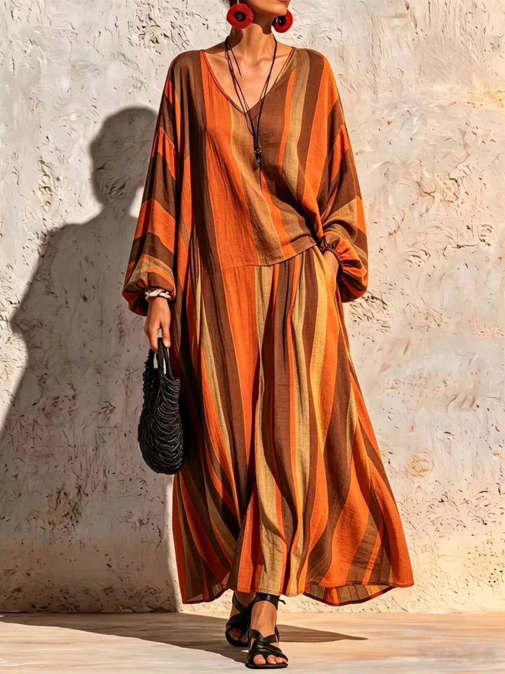 Women's Orange And Brown Striped Two-Piece Pants Set, Front View