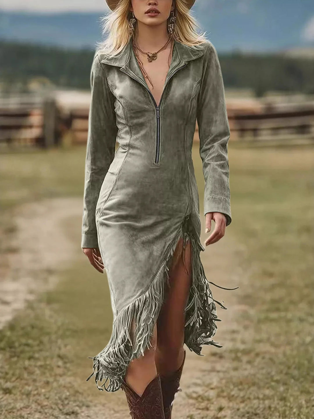 Sage green zip-front bodycon dress with long sleeves and fringe hem