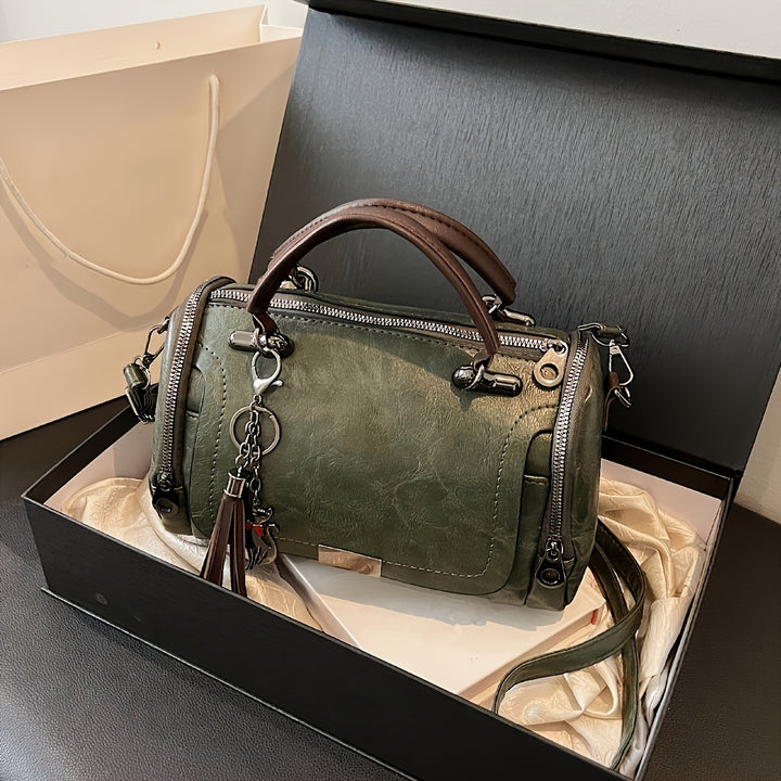 Classic PU Leather Boston Bags - Zipper & Keychain - Flossy Mom