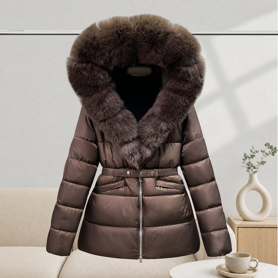 Women’s Brown Hooded Puffer Coat With Matching Belt And Front Zip Pockets, Product View.