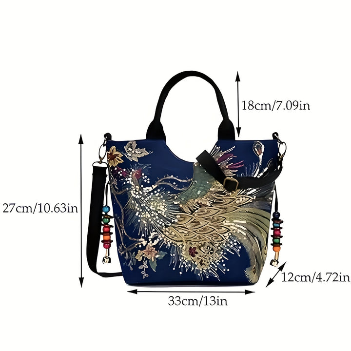 Handbag with peacock design and measurements on a white background