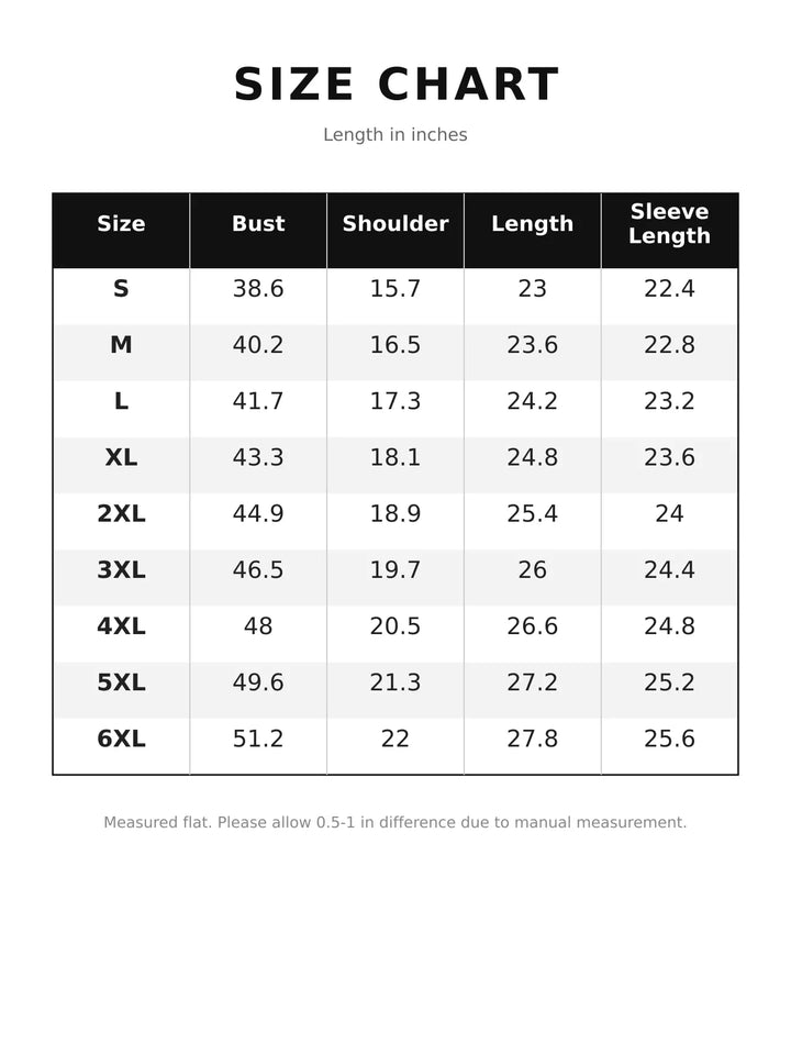 Size chart table for jacket: bust, shoulder, length, and sleeve length in inches