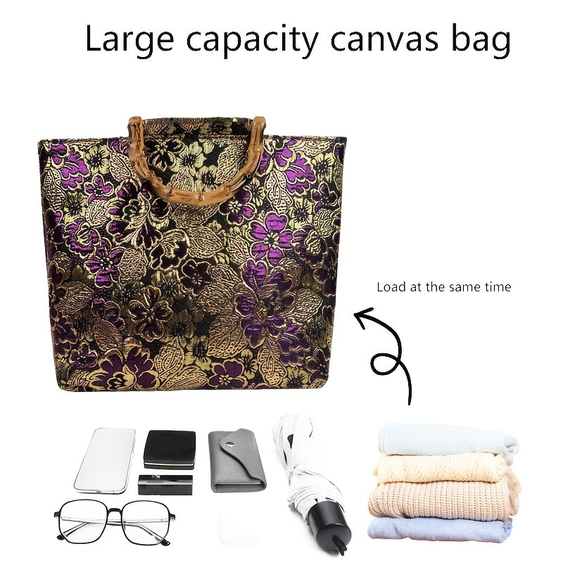 Floral patterned canvas bag with accessories on a white background