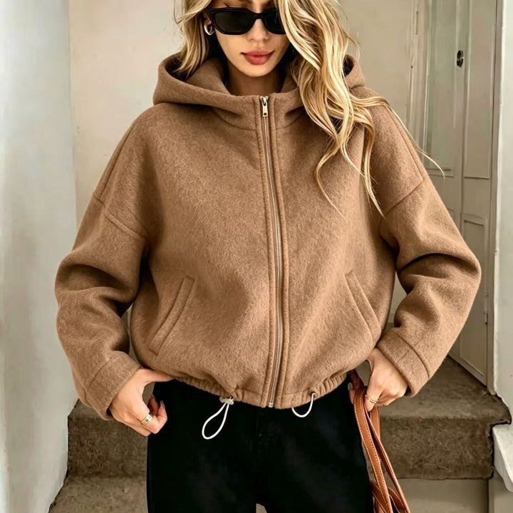 Women’s wool zip-up hoodie jacket, warm tan brown, high neck, front pockets