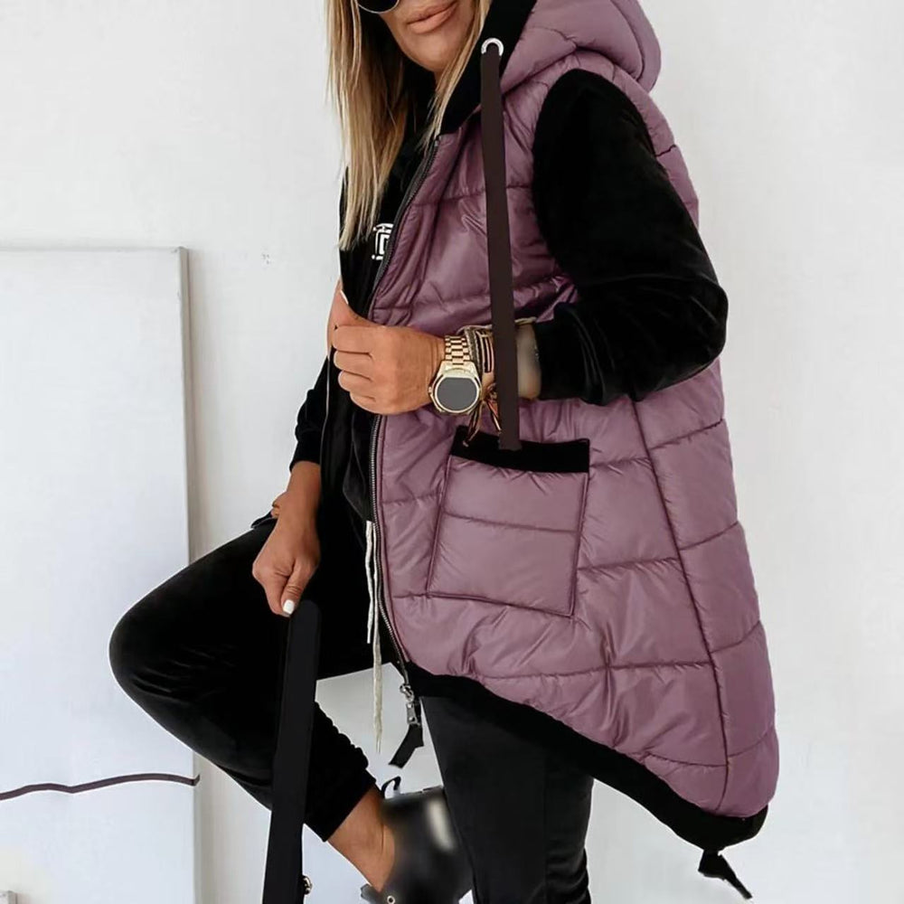 Women's hooded padded vest with front zipper and two pockets, purple