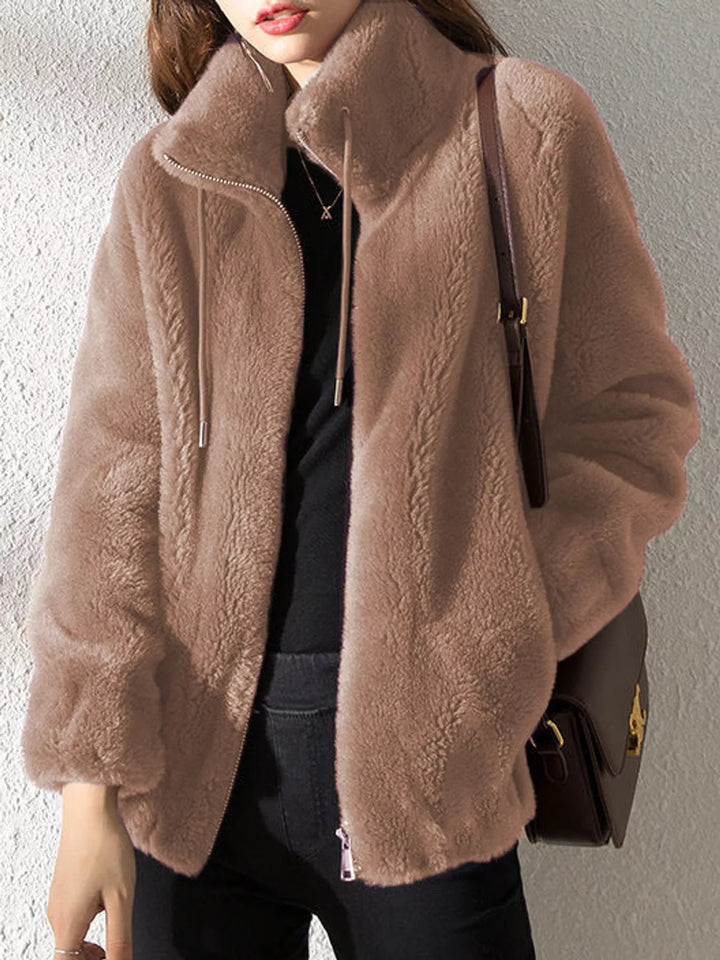 Taupe faux fur stand-collar zip jacket with drawstring ties and side pockets