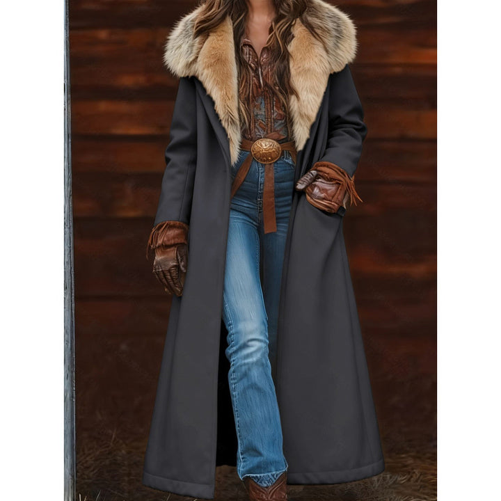 Women's Dark Gray Longline Coat With Oversized Tan Plush-Look Collar