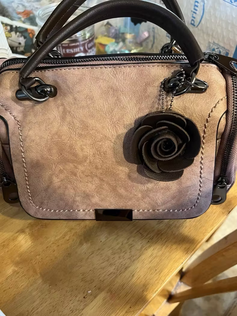 Top Handle Rose Keychain PU Leather Boston Bags - Flossy Mom