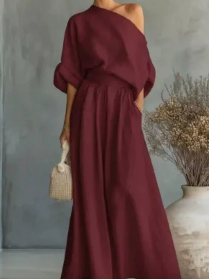 Plus-size one-shoulder top and wide-leg pants set, burgundy