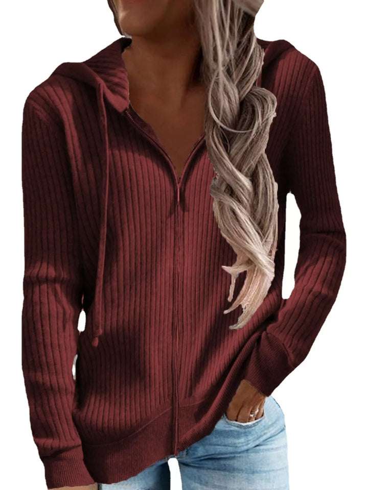 Women's Plus Size Burgundy Ribbed Knit Zip-Up Hooded Cardigan, Front View