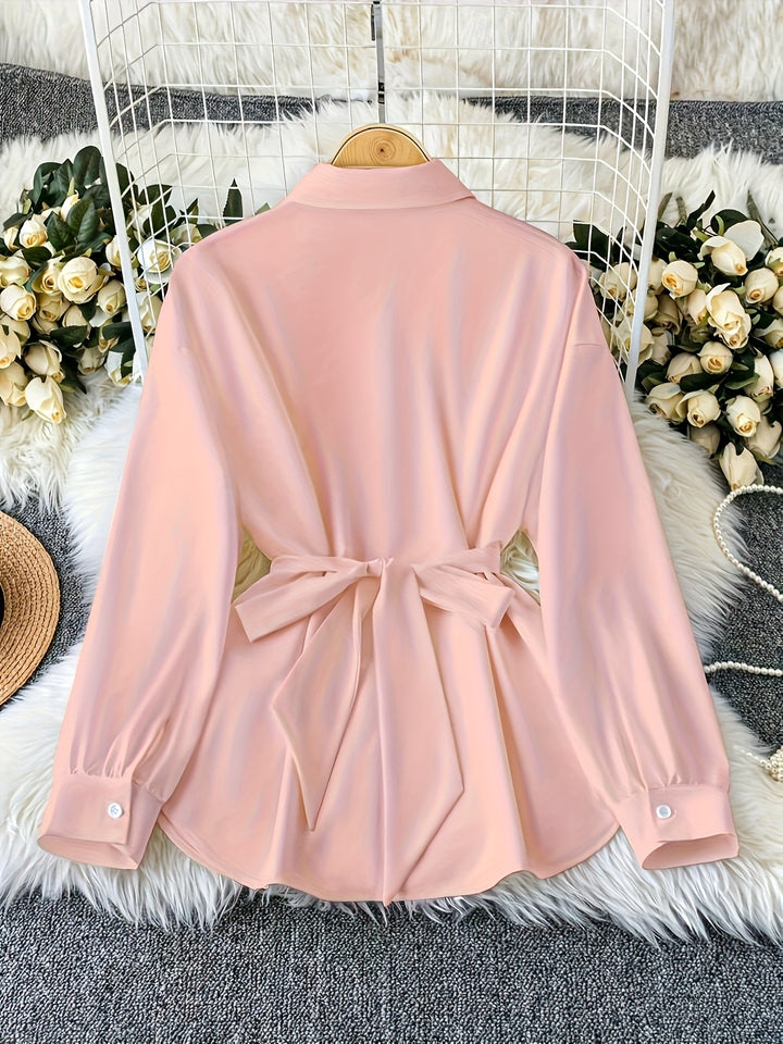 Dollish Long Sleeve Buttons Collar Office Shirts with Metallic Belt - Flossy Mom