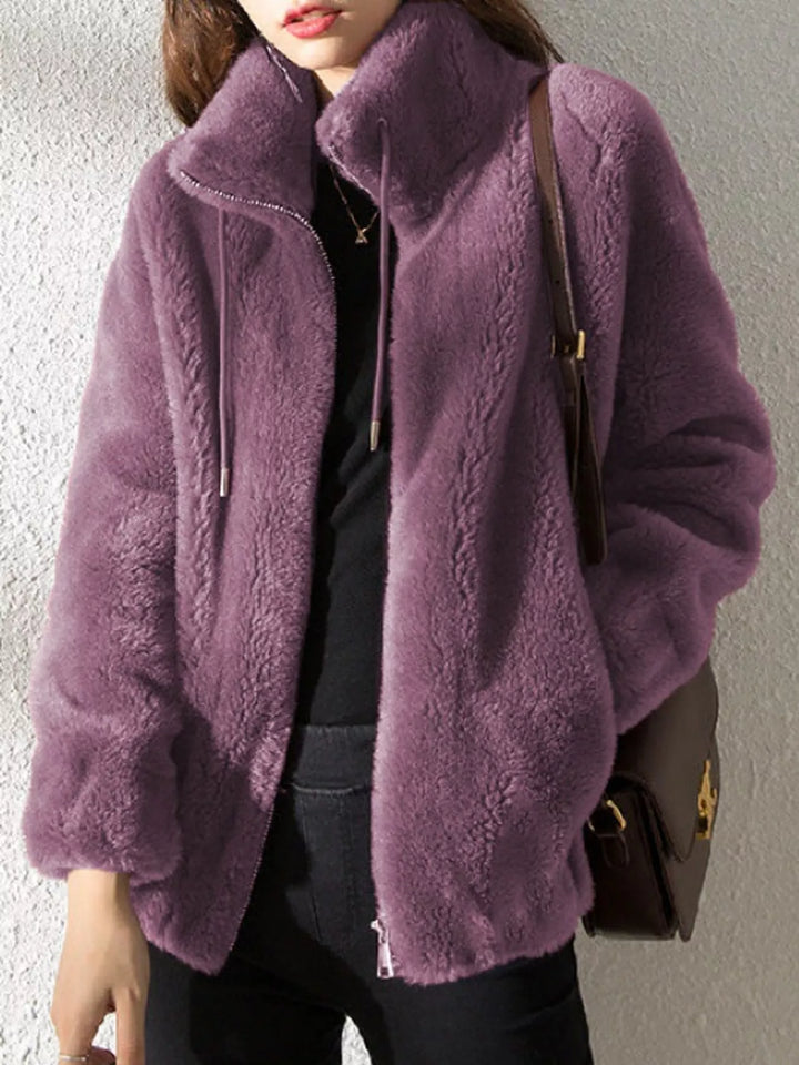 Plus size faux fur zip jacket with stand collar, drawstring hood, purple