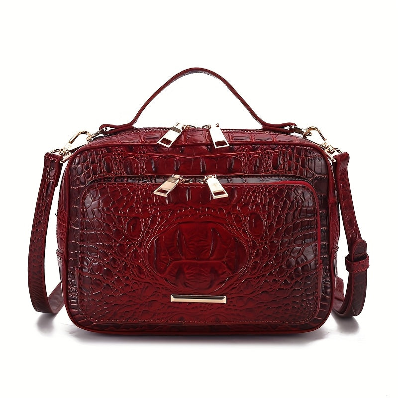 Red textured handbag with gold accents on a white background