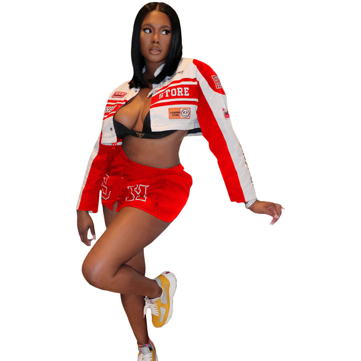 Hot Girl Retro Detachable Motorcycle Varsity Crop Jacket Skirt Suits