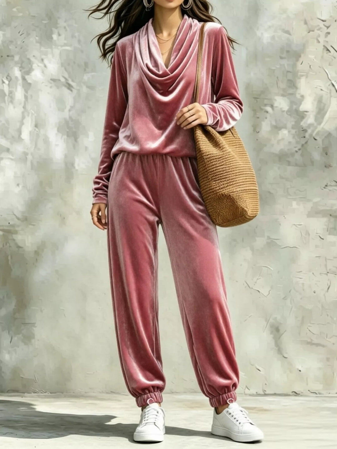 Pink velvet cowl-neck long-sleeve top and matching jogger pants set