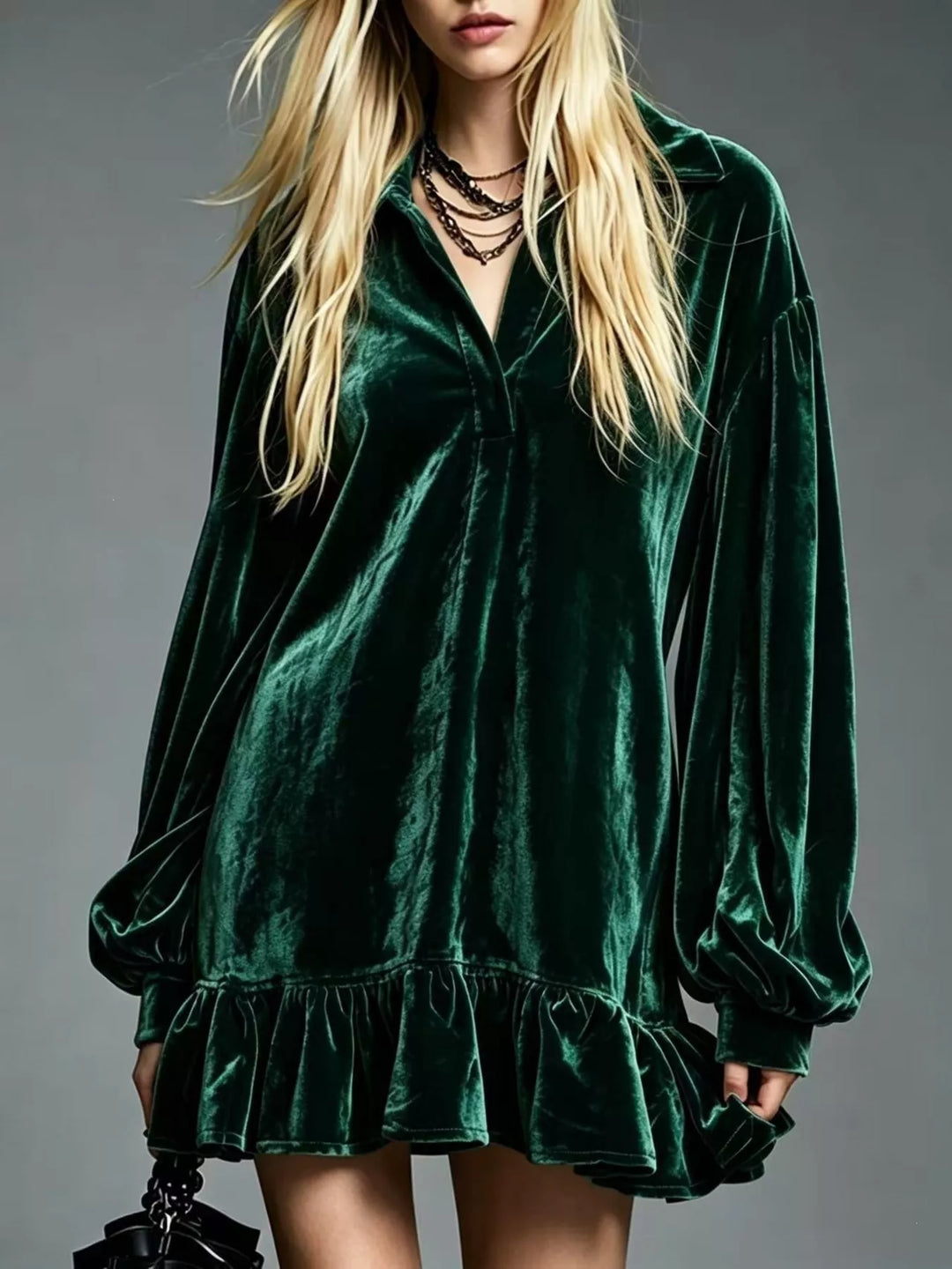 Dark green velvet long-sleeve mini dress with button front and ruffle hem