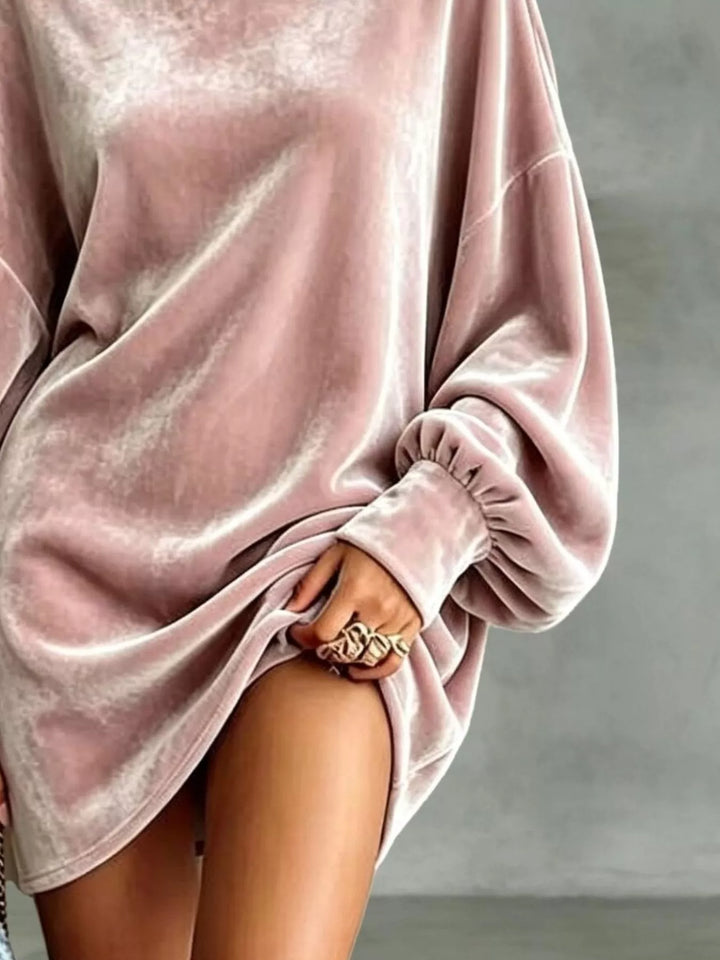 Pink velvet mock-neck mini dress with gathered long sleeve cuff
