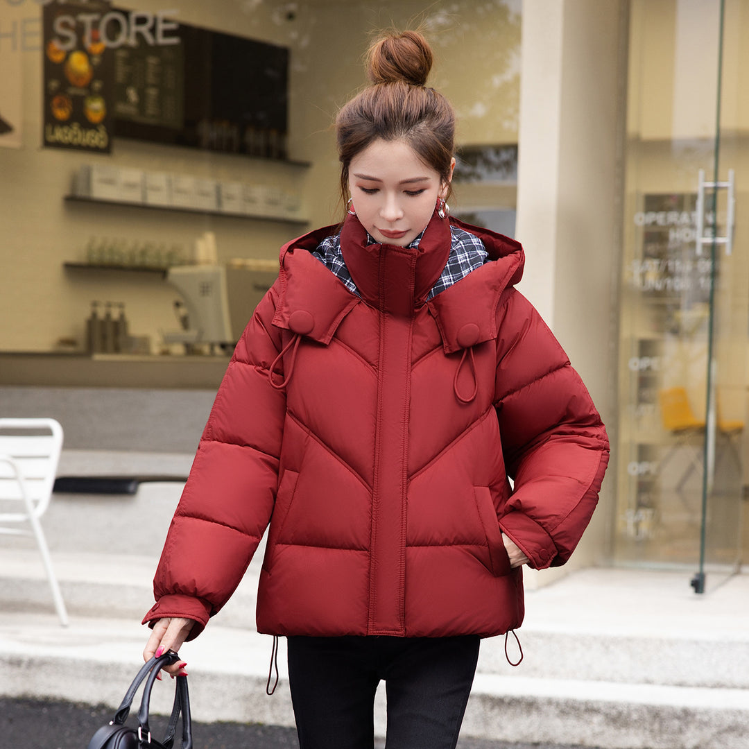 Women's Red Quilted Puffer Coat With Hood And Front Pockets