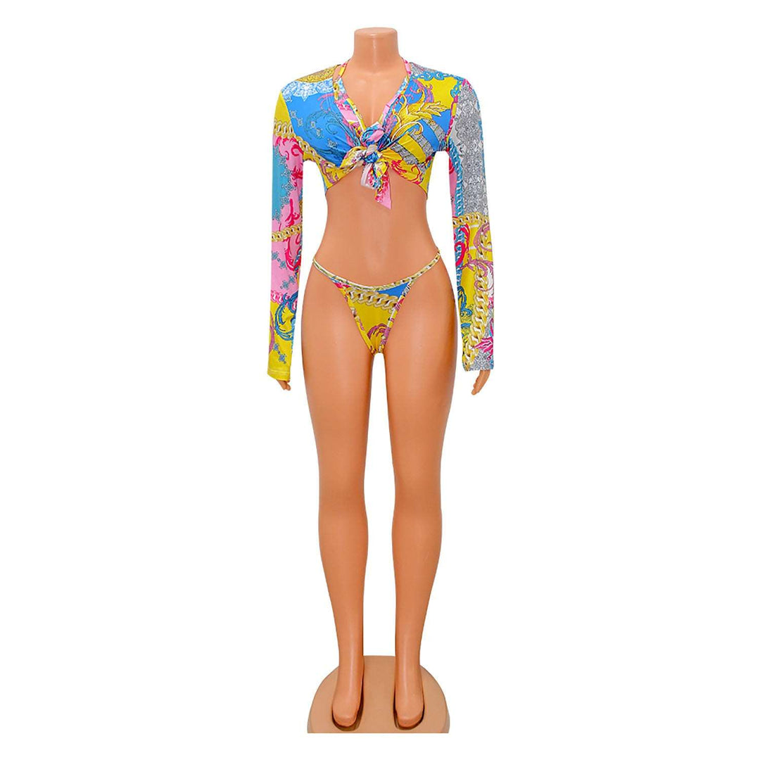3Pcs Flower Child Print  Long-sleeve Lace-Up Bikini Swimsuits