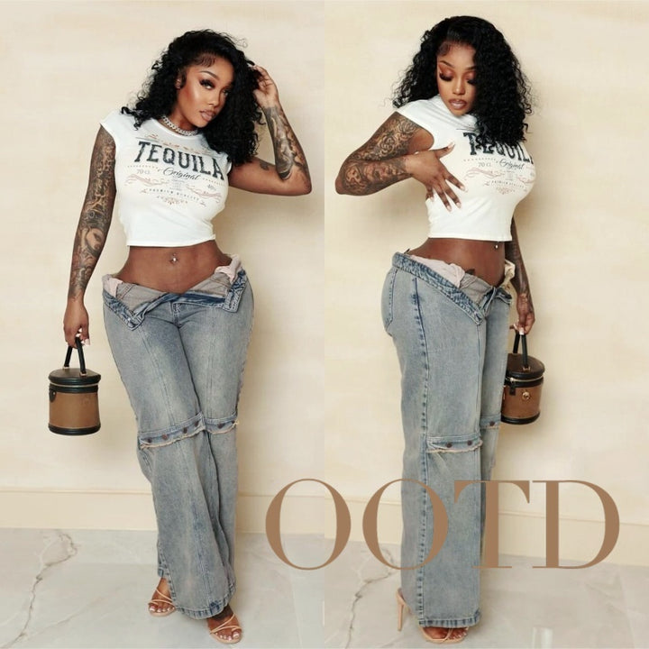 Two women wearing matching outfits with 'Tequila' shirts and jeans, posing against a neutral background.