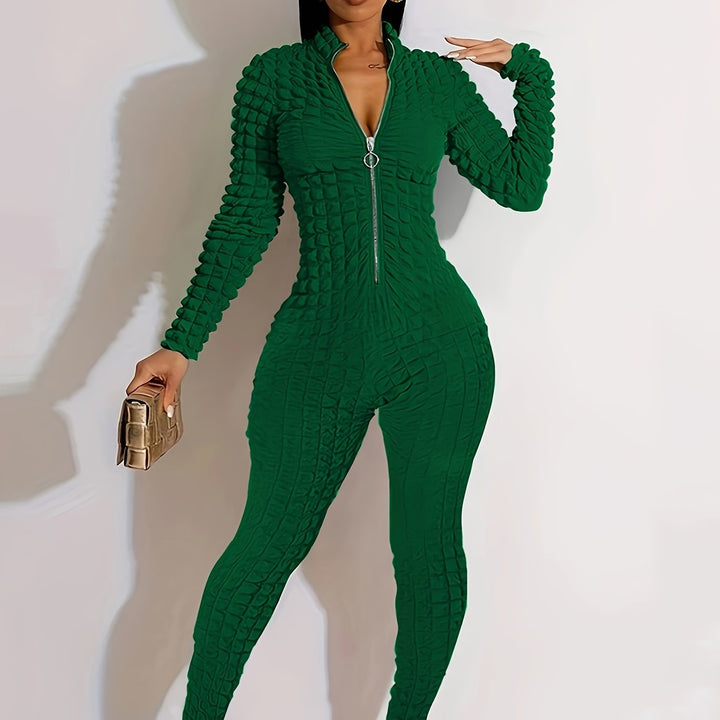 Sexy  Long Sleeve Puff Design Stretchy Zipper Jumpsuits - Flossy Mom