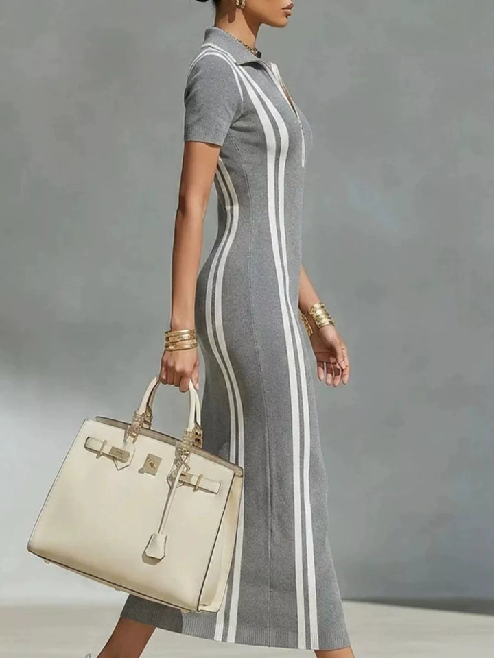 Gray short-sleeve midi dress with vertical contrast stripes and front zip