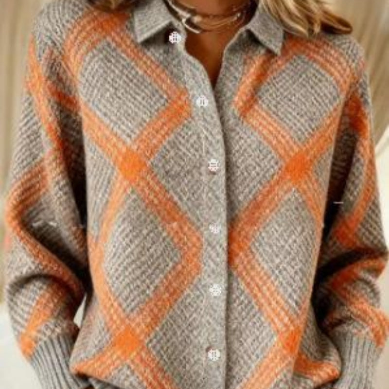 Women's Plus Size Gray And Orange Diamond-Pattern Knit Sweater With Pointed Collar, Front Buttons And Ribbed Cuffs, Close-Up View.