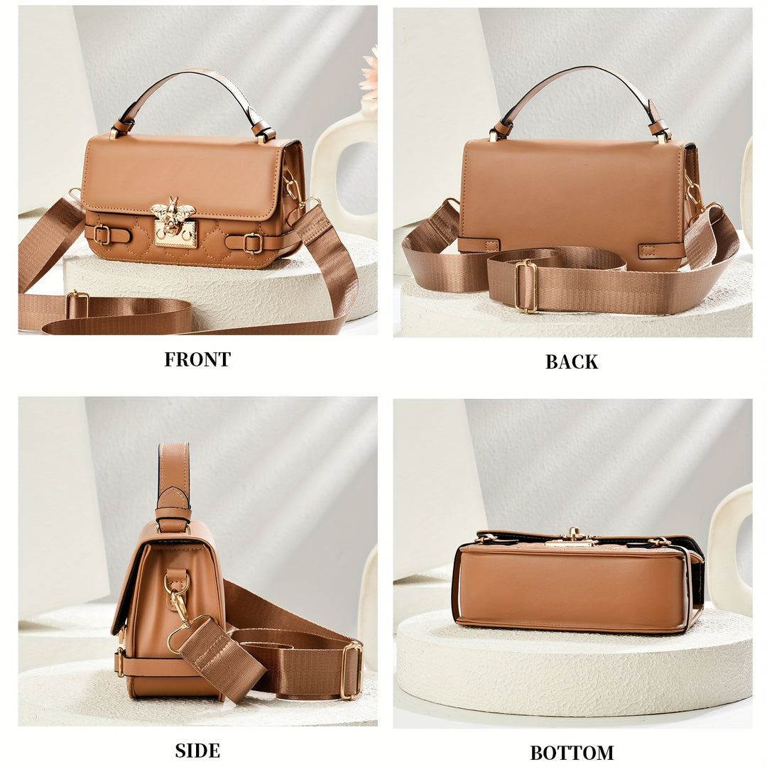 Brown handbag shown from front, back, side, and bottom angles on a white background.
