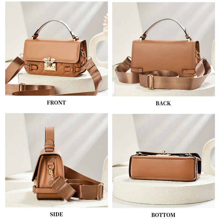 Brown handbag shown from front, back, side, and bottom angles on a white background.