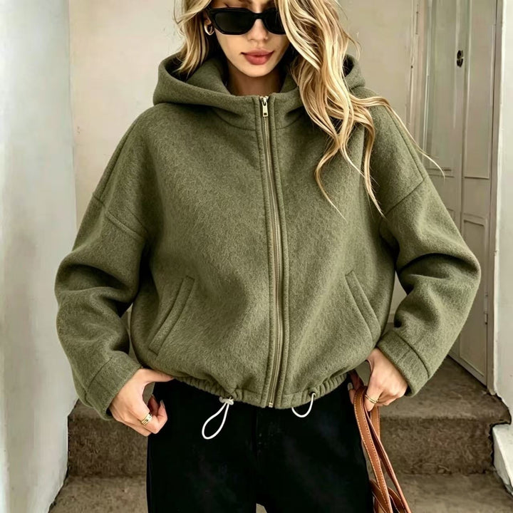 Women’s wool zip-up hoodie jacket, army green, high neck, front pockets