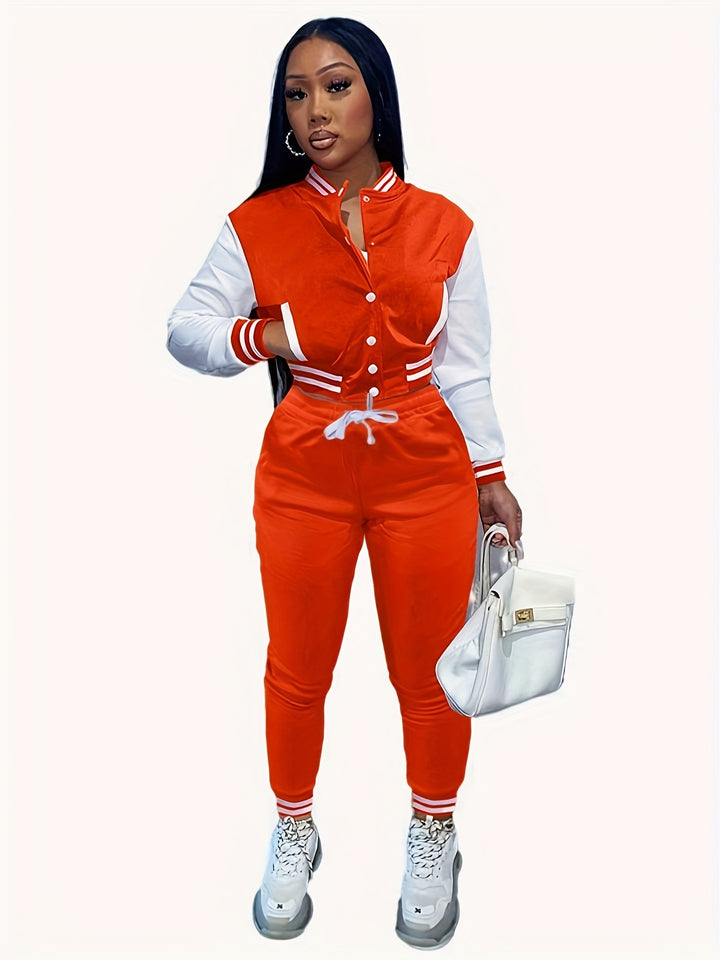 Trendy Streetwear Crop Baseball Jacket & Pants Set - Flossy Mom
