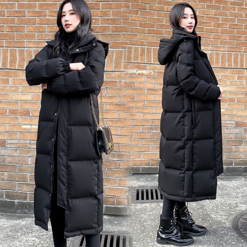 Women's Black Longline Hooded Padded Winter Coat, Front And Side Views.